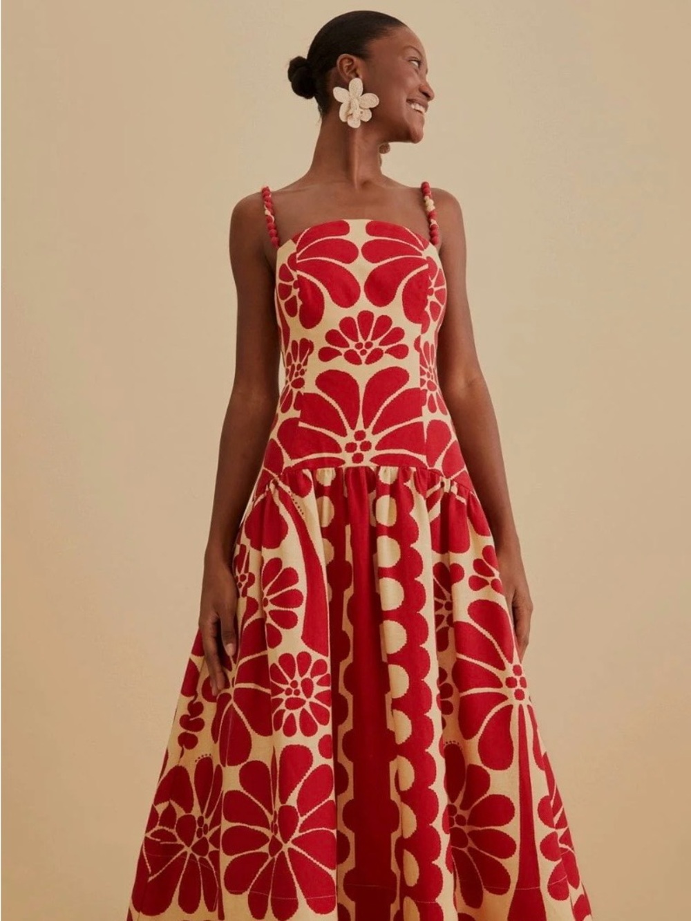 Red and Cream Floral Strap Sundress Palermo Sleeveless MIDI Dress